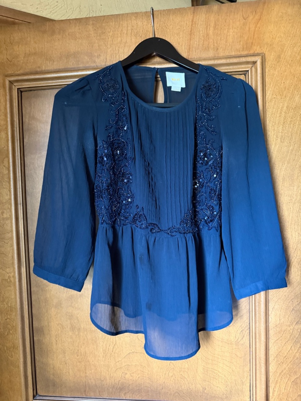 Maeve Navy Pintuck Peplum Blouse with Sequin Embroidery